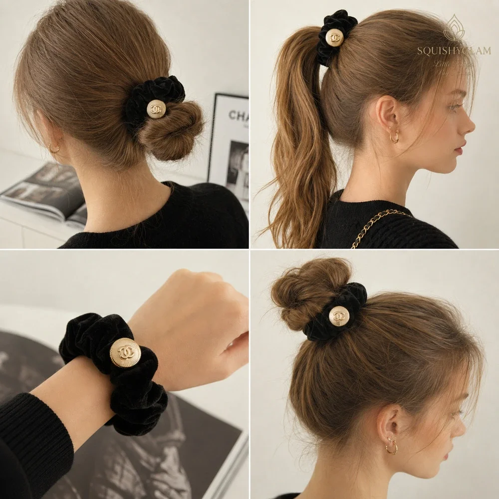 Chanel Beaute VIP Christmas Velvet Scrunchie Gold CC Medallion Hair Tie NIB